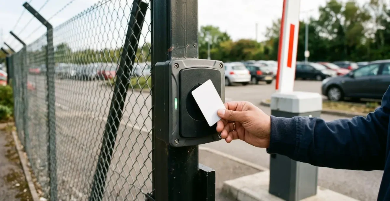 Gros plan sur un badge d'accès électronique à l'entrée d'un parking sécurisé près d'un aéroport