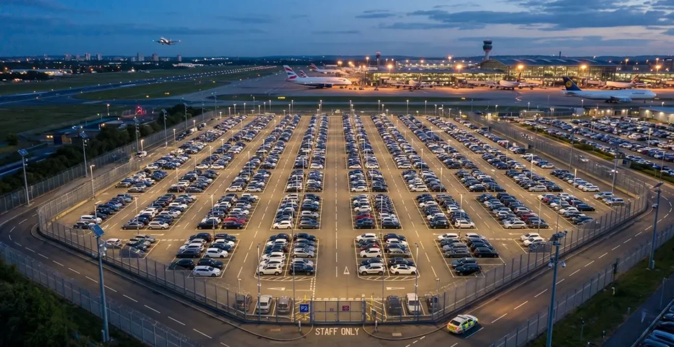 Vue aérienne d'un parking longue durée sécurisé avec clôtures et éclairage fort à proximité de l'aéroport CDG