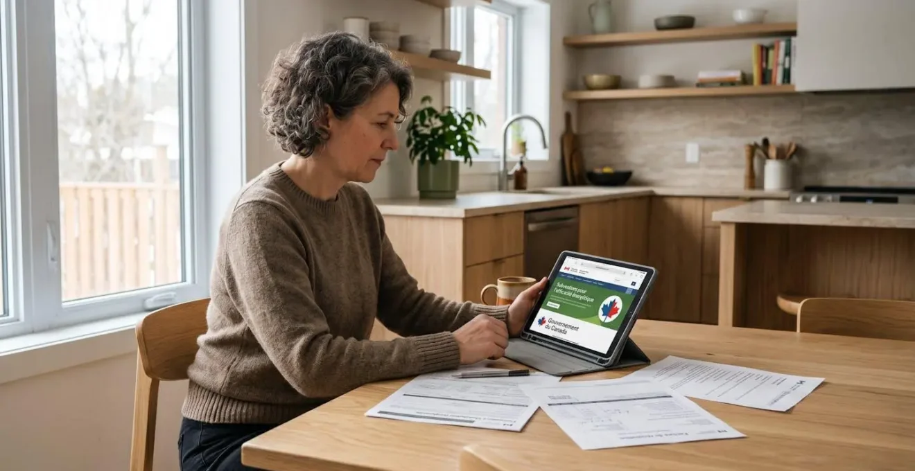Propriétaire québécois consultant le site officiel du programme Maisons plus vertes sur tablette numérique, avec documents d'évaluation énergétique sur table de cuisine