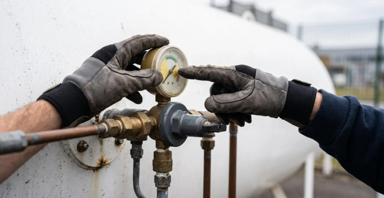 Un technicien vérifie le niveau de gaz propane sur le manojar d'une citerne installée sur un site professionnel.