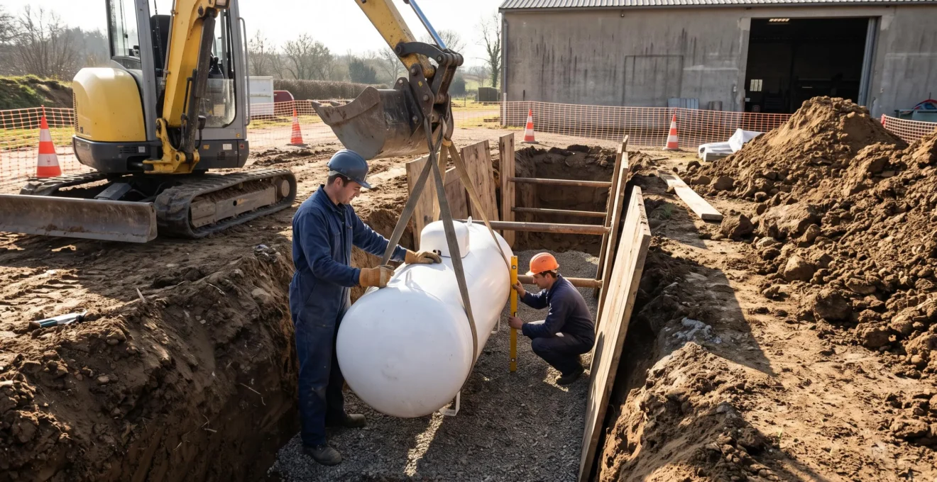 Deux ouvriers descendent une citerne de propane enterrée dans une tranchée creusée sur un site professionnel.