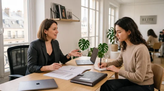 Rencontre professionnelle entre un booker d'agence de mannequins et un jeune mannequin dans un bureau d'agence parisienne moderne