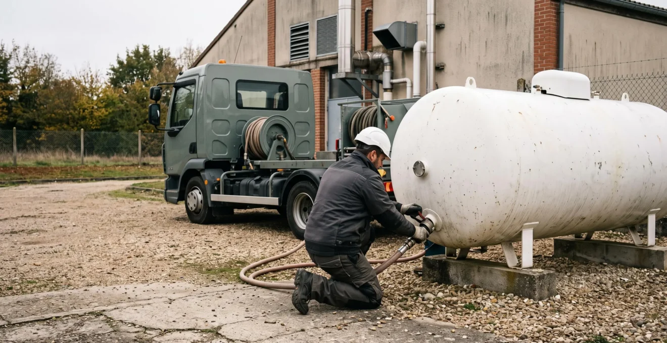 Un technicien raccorde un camion de livraison à une citerne de gaz propane installée derrière un bâtiment professionnel.