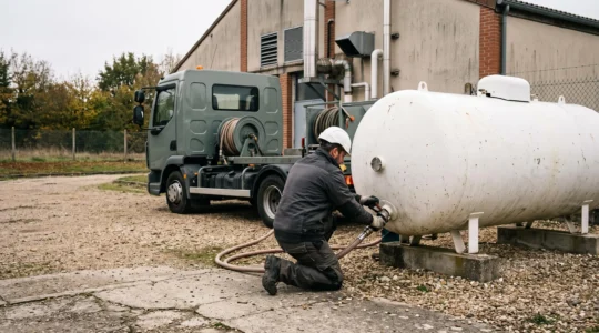 Un technicien raccorde un camion de livraison à une citerne de gaz propane installée derrière un bâtiment professionnel.