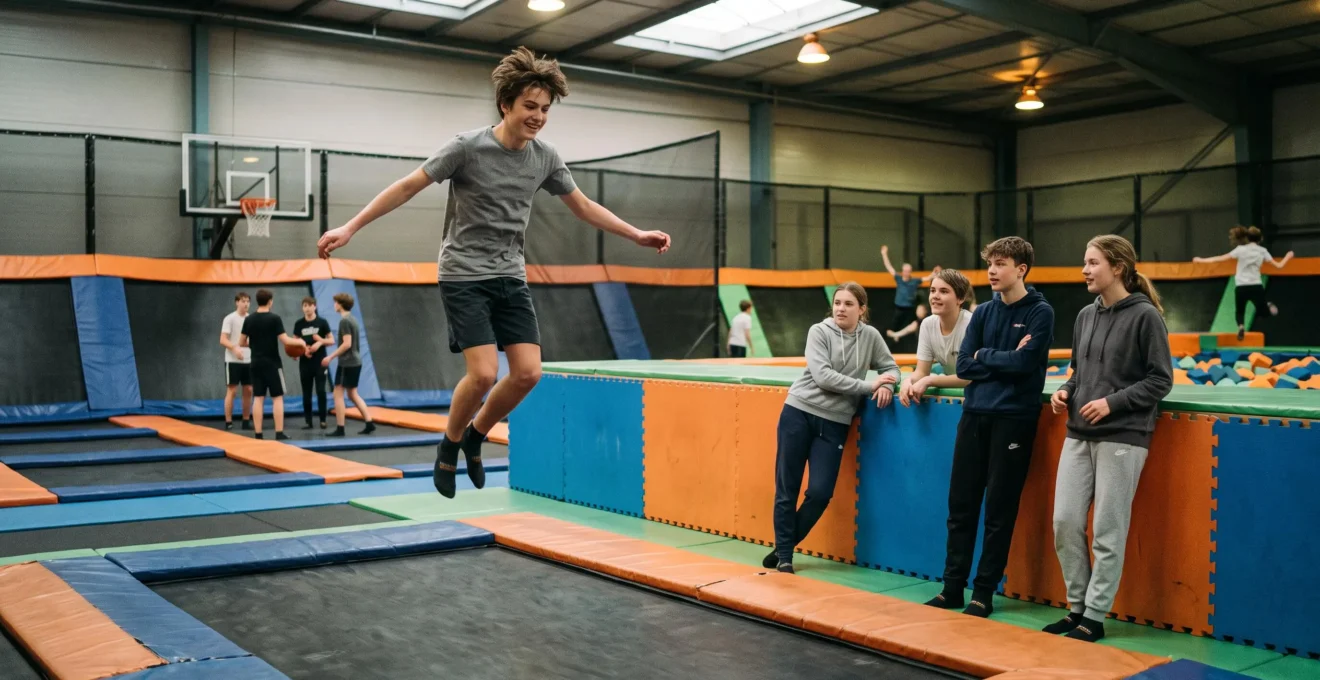 Un adolescent rebondit sur un trampoline pendant que ses amis regardent.