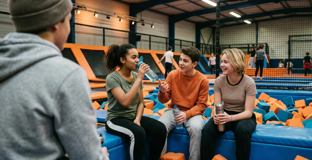 Des adolescents discutent assis au bord d'une fosse de mousse.