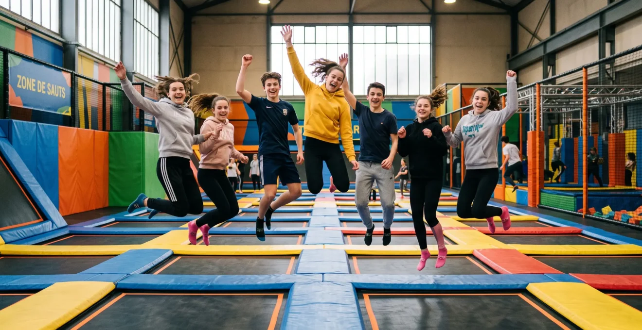 Un groupe d'adolescents saute sur des trampolines dans un parc couvert.