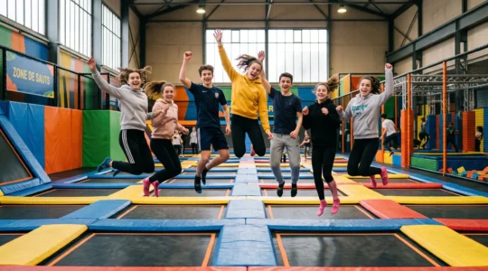 Un groupe d'adolescents saute sur des trampolines dans un parc couvert.