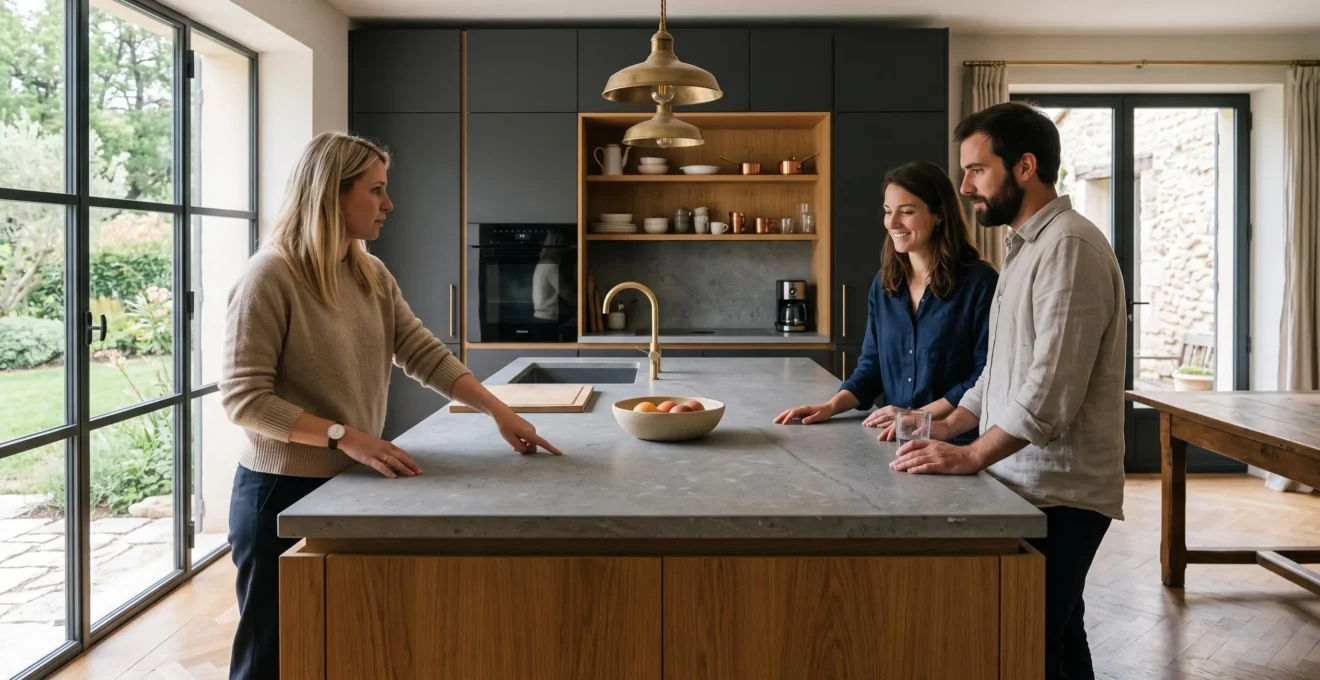 Un cuisiniste présente une cuisine moderne avec îlot central à un couple dans une maison française.