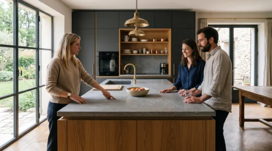 Un cuisiniste présente une cuisine moderne avec îlot central à un couple dans une maison française.