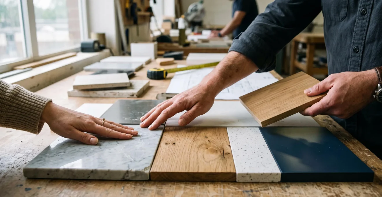 Des mains comparent des échantillons de bois, de pierre et de laque sur une table de showroom.